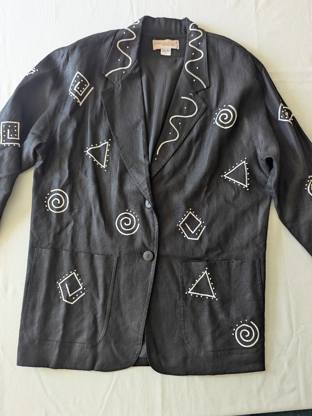 Vintage Beaded Linen Blazer Black With White Geometric Designs